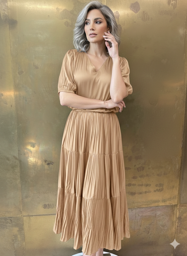 PLEATED SATIN MAXI DRESS