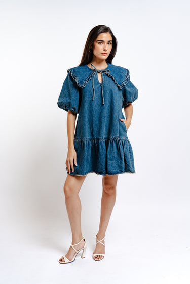 VESTIDO CORTO DE MEZCLILLA CON MANGAS BOMBACHA