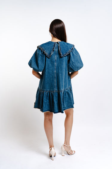 VESTIDO CORTO DE MEZCLILLA CON MANGAS BOMBACHA