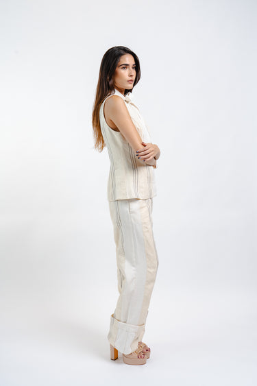 CONJUNTO DE LINO SIN MANGAS CON RAYAS